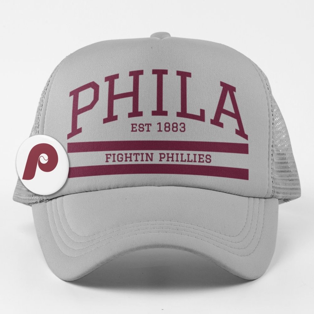 NEW Fightin Phillies Est 1883 w/Button Pin Foam Trucker Mesh Snapback Hat GREY